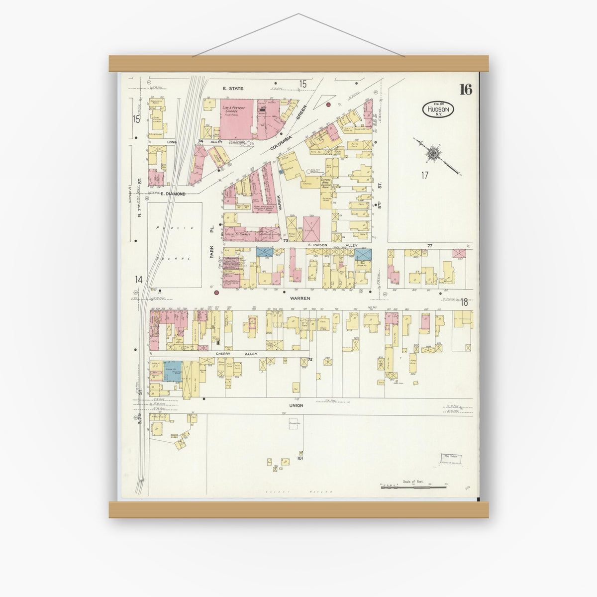 Old map wall art mockup — magnetic wood frame on white wall — Sanborn Fire Insurance Map from Hudson, Columbia County, New York (1911), Sheet #0016