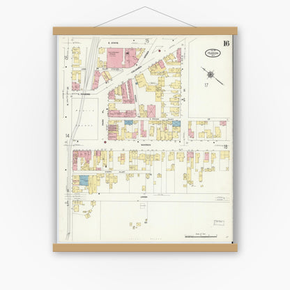 Old map wall art mockup — magnetic wood frame on white wall — Sanborn Fire Insurance Map from Hudson, Columbia County, New York (1911), Sheet #0016