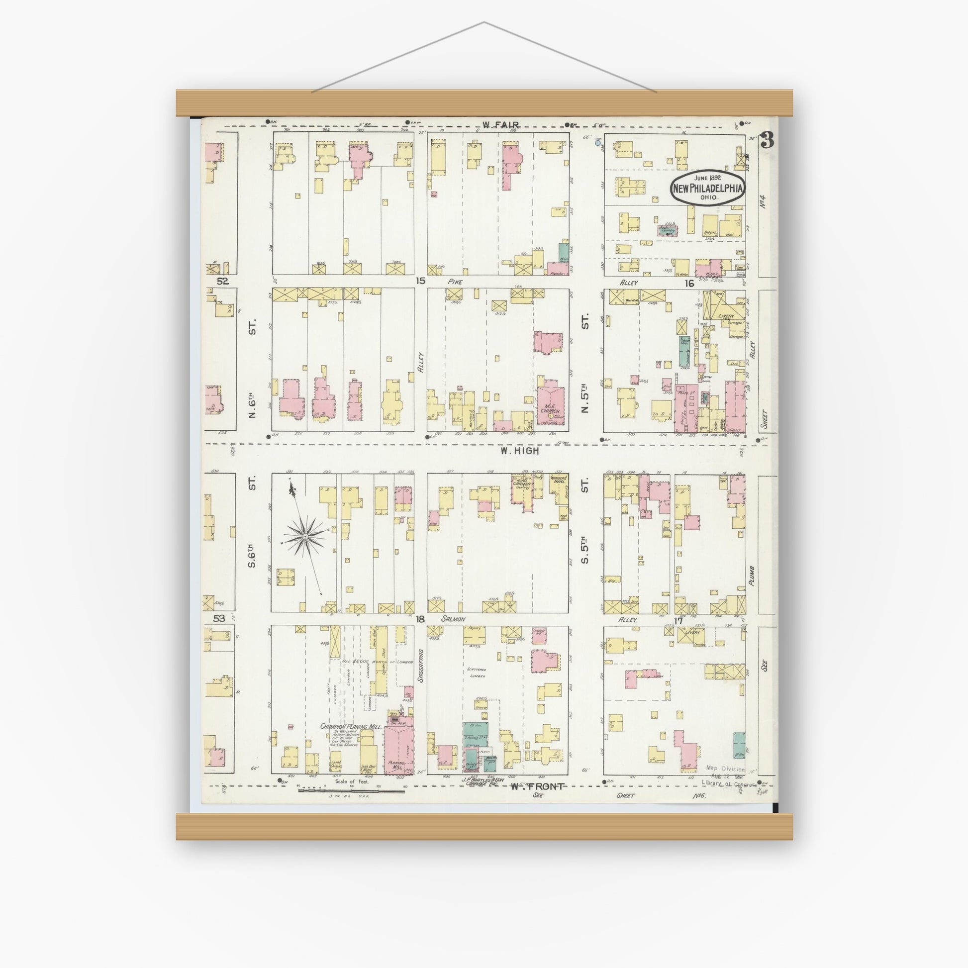 Old map wall art mockup — magnetic wood frame on white wall — Sanborn Fire Insurance Map from New Philadelphia, Tuscarawas County, Ohio (1892), Sheet #0003