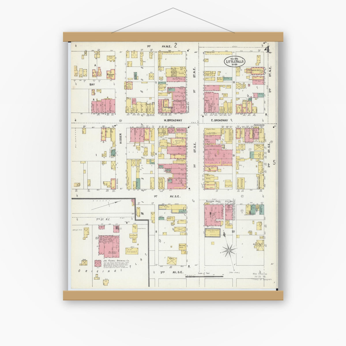 Old map wall art mockup — magnetic wood frame on white wall — Sanborn Fire Insurance Map from Little Falls, Morrison County, Minnesota (1902), Sheet #0004