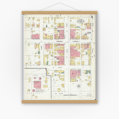 Old map wall art mockup — magnetic wood frame on white wall — Sanborn Fire Insurance Map from Little Falls, Morrison County, Minnesota (1902), Sheet #0004
