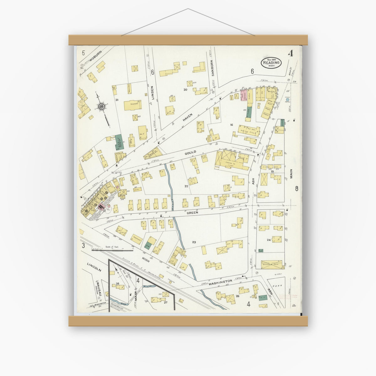 Old map wall art mockup — magnetic wood frame on white wall — Sanborn Fire Insurance Map from Reading, Middlesex County, Massachusetts (1909), Sheet #0004