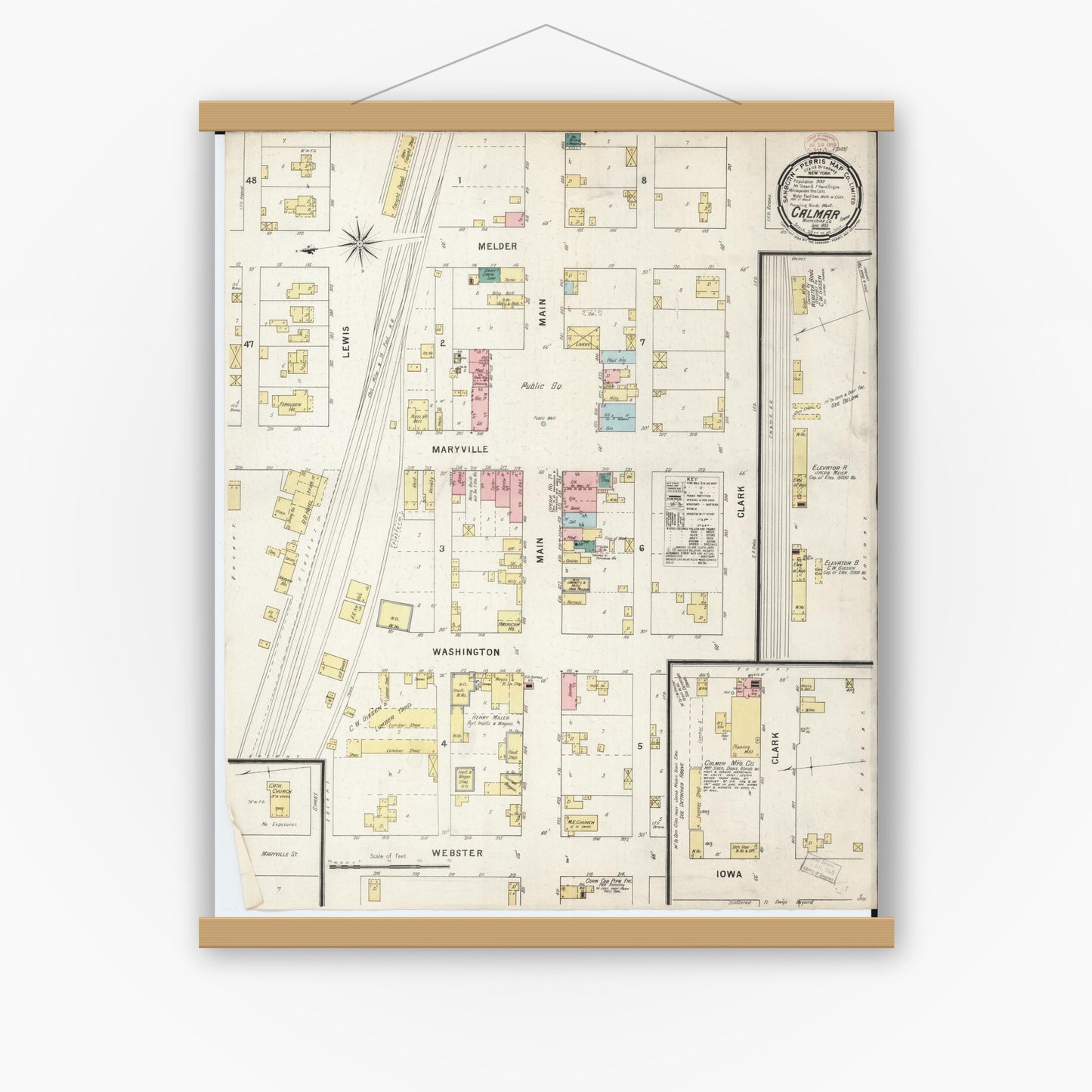 Old map wall art mockup — magnetic wood frame on white wall — Sanborn Fire Insurance Map from Calmar, Winneshiek County, Iowa (1895), Sheet #0001
