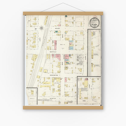 Old map wall art mockup — magnetic wood frame on white wall — Sanborn Fire Insurance Map from Calmar, Winneshiek County, Iowa (1895), Sheet #0001