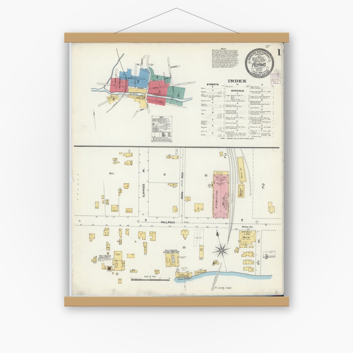 Old map wall art mockup — magnetic wood frame on white wall — Sanborn Fire Insurance Map from Adams, Jefferson County, New York (1906) - Complete Map Set