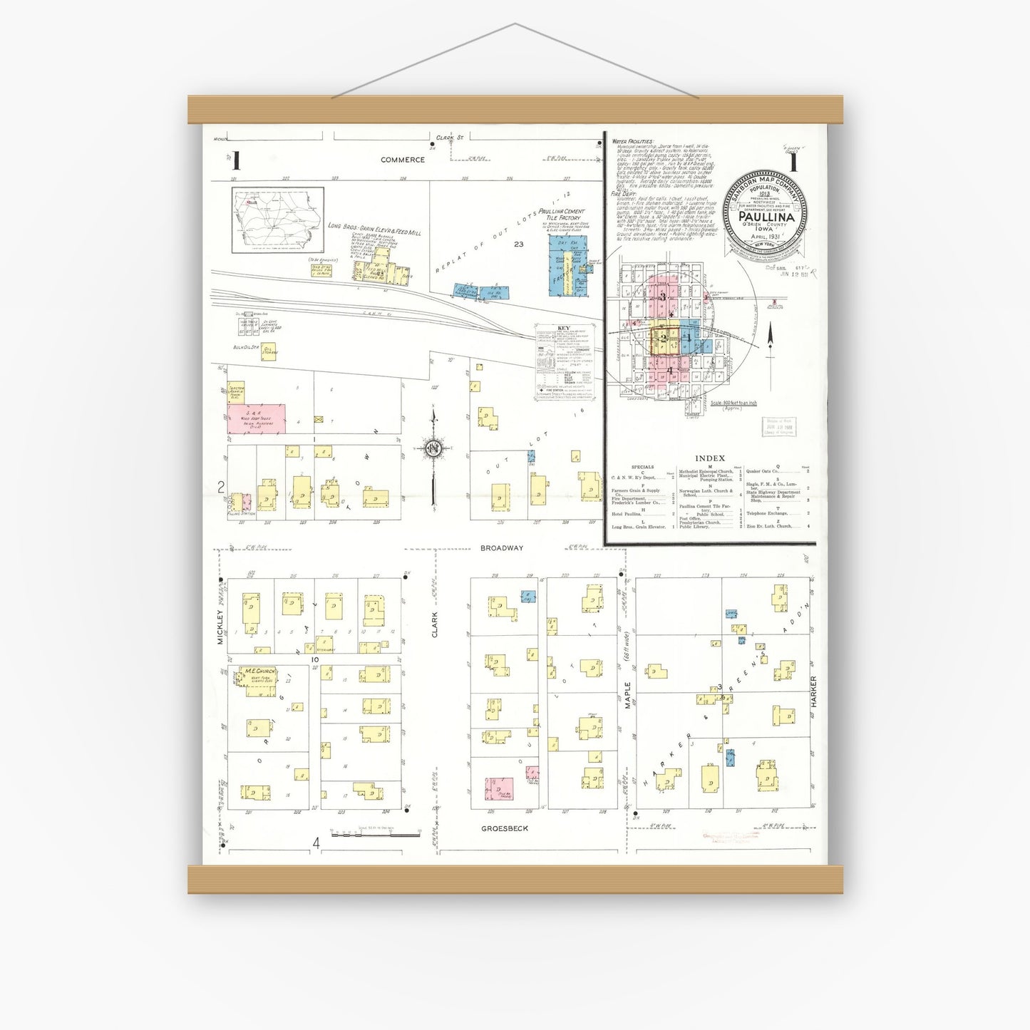 Old map wall art mockup — magnetic wood frame on white wall — Sanborn Fire Insurance Map from Paullina, O'Brien County, Iowa (1931), Sheet #0001