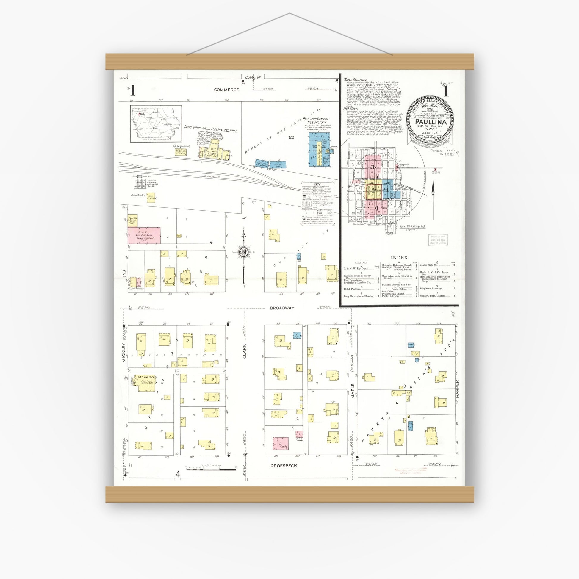 Old map wall art mockup — magnetic wood frame on white wall — Sanborn Fire Insurance Map from Paullina, O'Brien County, Iowa (1931), Sheet #0001