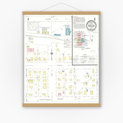 Old map wall art mockup — magnetic wood frame on white wall — Sanborn Fire Insurance Map from Paullina, O'Brien County, Iowa (1931), Sheet #0001