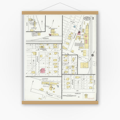 Old map wall art mockup — magnetic wood frame on white wall — Sanborn Fire Insurance Map from Shirley, Hancock And Henry Counties, Indiana (1919), Sheet #0002