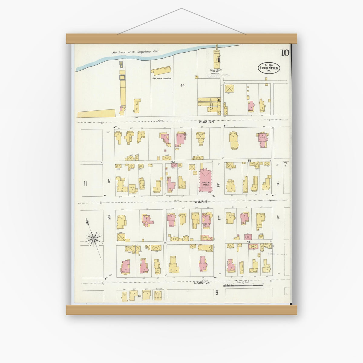 Old map wall art mockup — magnetic wood frame on white wall — Sanborn Fire Insurance Map from Lock Haven, Clinton County, Pennsylvania (1906), Sheet #0010