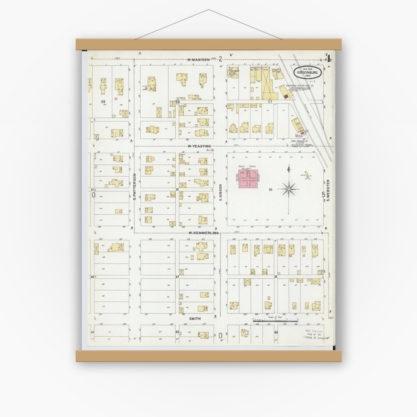 Old map wall art mockup — magnetic wood frame on white wall — Sanborn Fire Insurance Map from Gibsonburg, Sandusky County, Ohio (1902), Sheet #0004