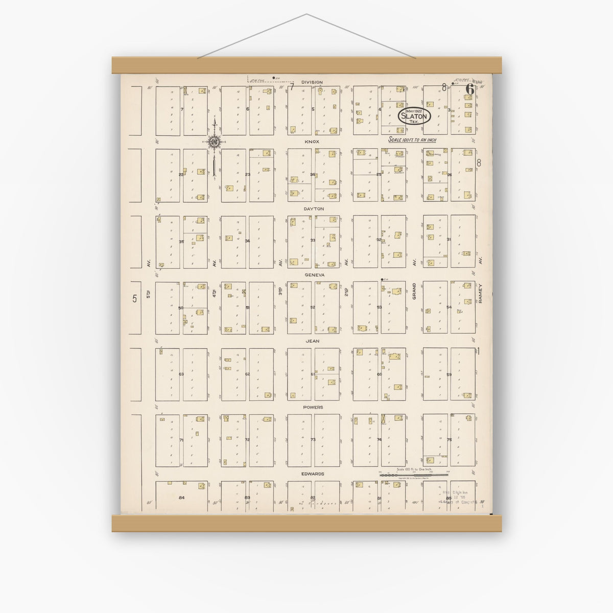 Old map wall art mockup — magnetic wood frame on white wall — Sanborn Fire Insurance Map from Slaton, Lubbock County, Texas (1922), Sheet #0006