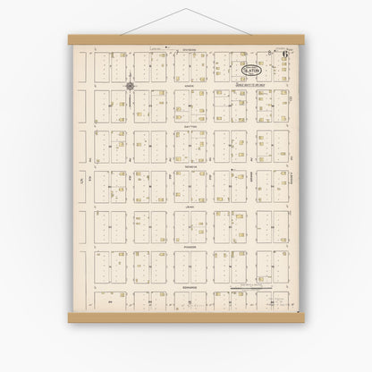 Old map wall art mockup — magnetic wood frame on white wall — Sanborn Fire Insurance Map from Slaton, Lubbock County, Texas (1922), Sheet #0006