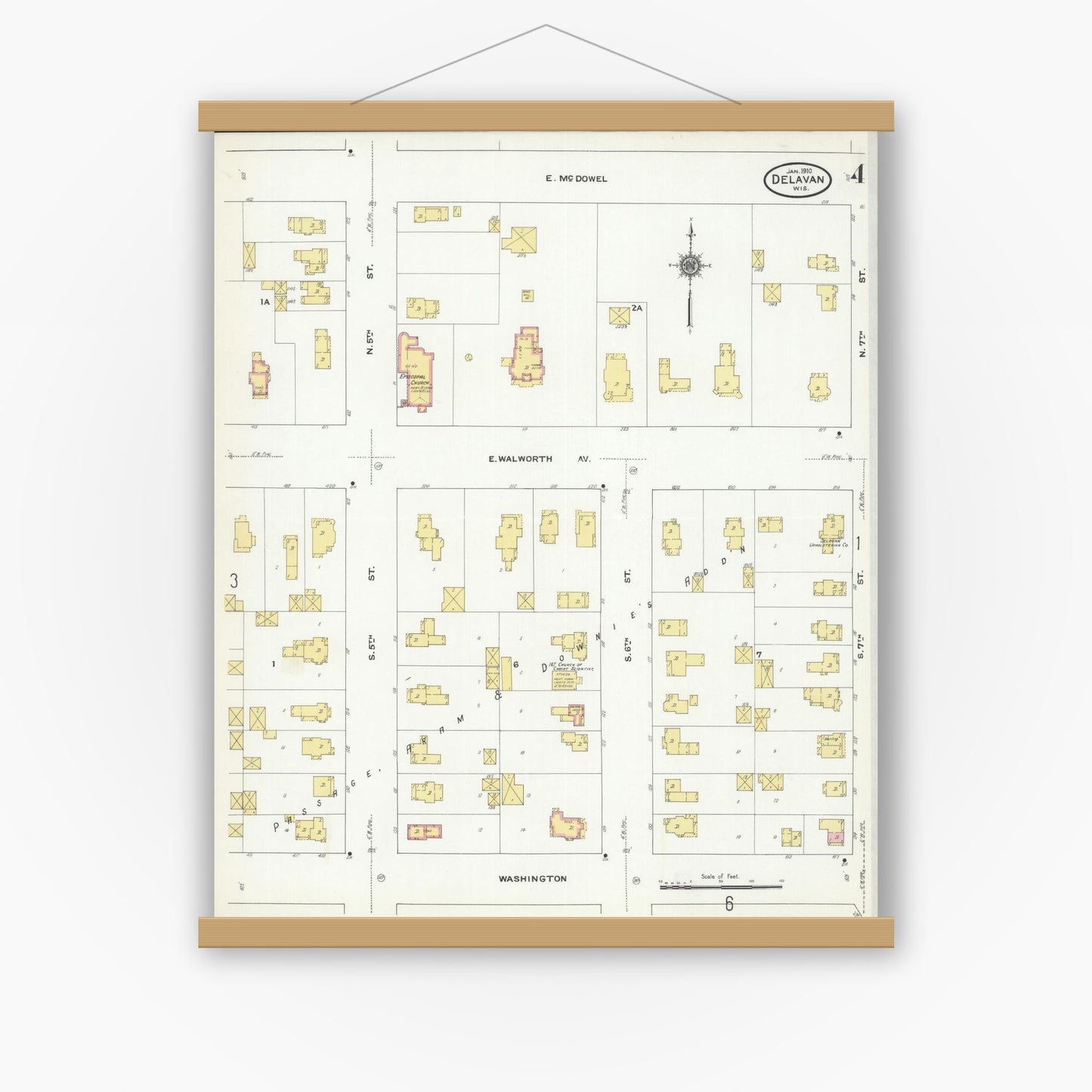 Old map wall art mockup — magnetic wood frame on white wall — Sanborn Fire Insurance Map from Delavan, Walworth County, Wisconsin (1910), Sheet #0004
