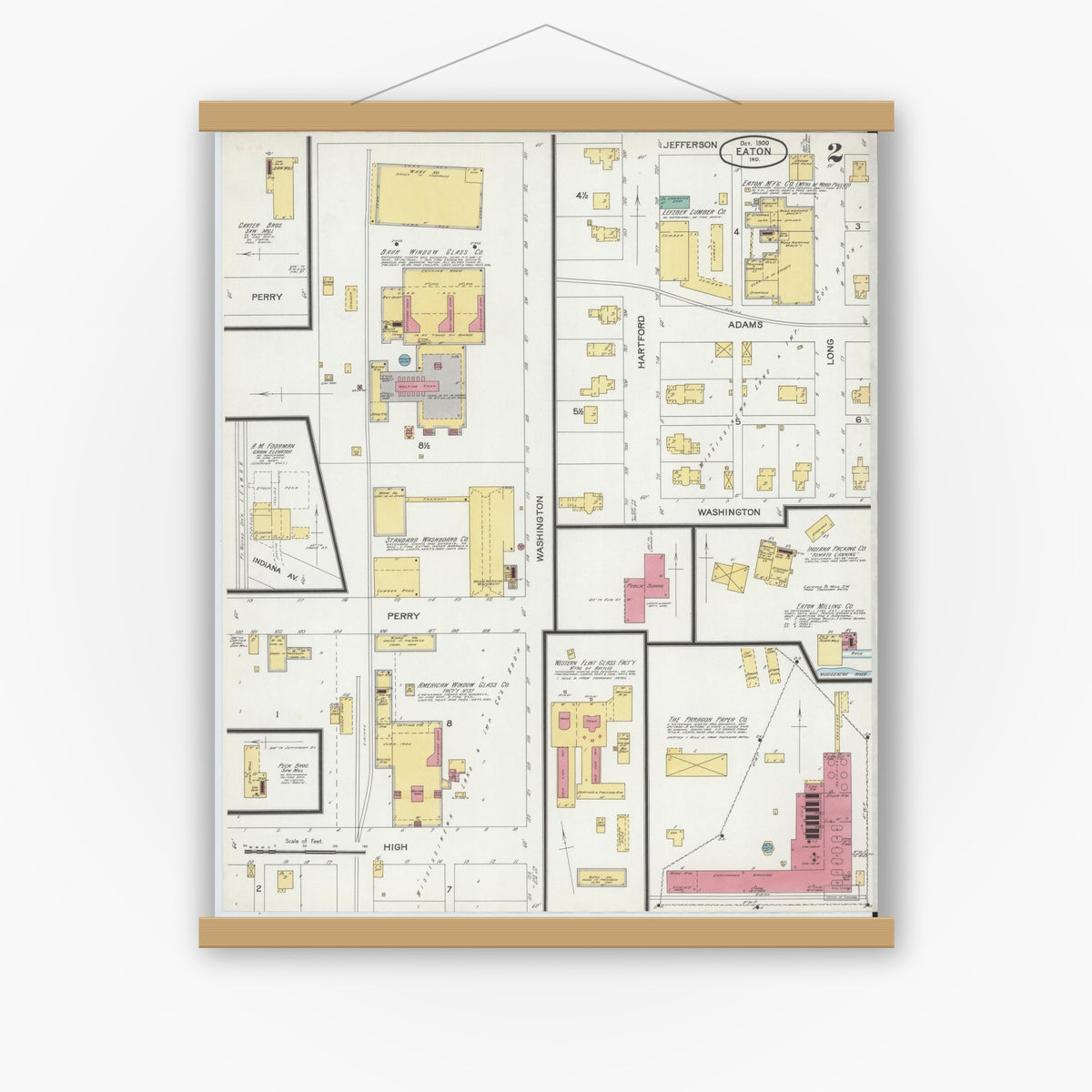 Old map wall art mockup — magnetic wood frame on white wall — Sanborn Fire Insurance Map from Eaton, Delaware County, Indiana (1900), Sheet #0002