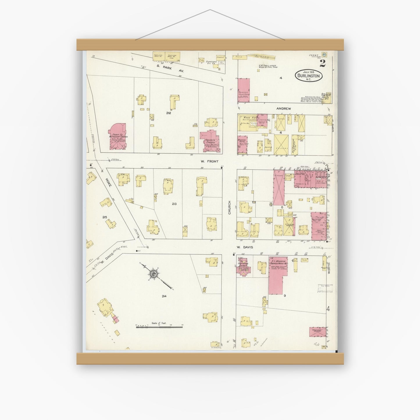 Old map wall art mockup — magnetic wood frame on white wall — Sanborn Fire Insurance Map from Burlington, Alamance County, North Carolina (1913), Sheet #0002