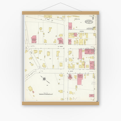 Old map wall art mockup — magnetic wood frame on white wall — Sanborn Fire Insurance Map from Burlington, Alamance County, North Carolina (1913), Sheet #0002