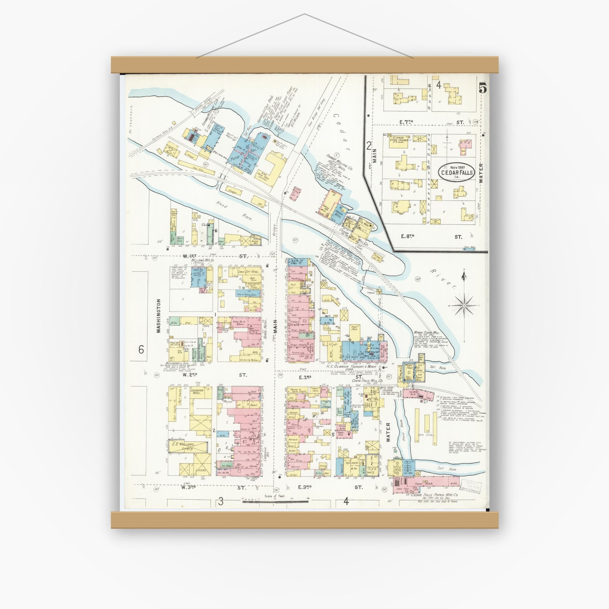 Old map wall art mockup — magnetic wood frame on white wall — Sanborn Fire Insurance Map from Cedar Falls, Black Hawk County, Iowa (1897), Sheet #0005
