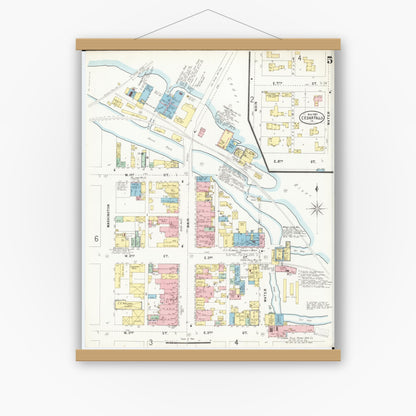 Old map wall art mockup — magnetic wood frame on white wall — Sanborn Fire Insurance Map from Cedar Falls, Black Hawk County, Iowa (1897), Sheet #0005