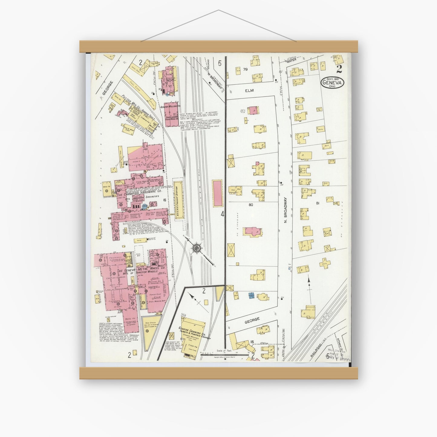 Old map wall art mockup — magnetic wood frame on white wall — Sanborn Fire Insurance Map from Geneva, Ashtabula County, Ohio (1919), Sheet #0002
