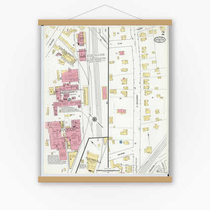 Old map wall art mockup — magnetic wood frame on white wall — Sanborn Fire Insurance Map from Geneva, Ashtabula County, Ohio (1919), Sheet #0002