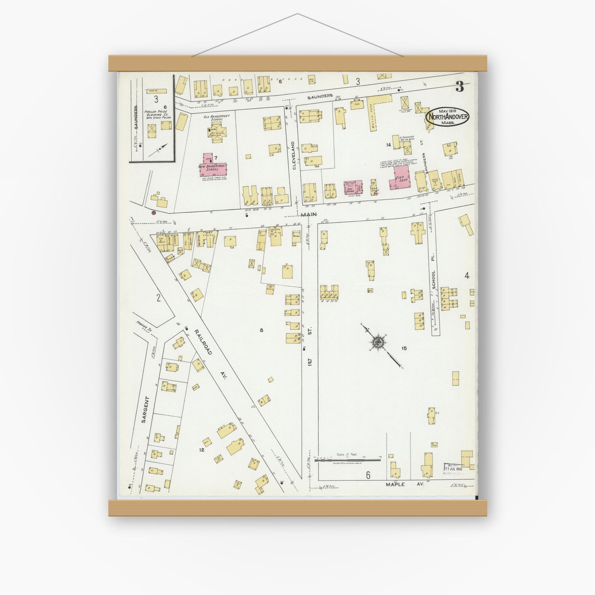 Old map wall art mockup — magnetic wood frame on white wall — Sanborn Fire Insurance Map from North Andover, Essex County, Massachusetts (1919), Sheet #0003