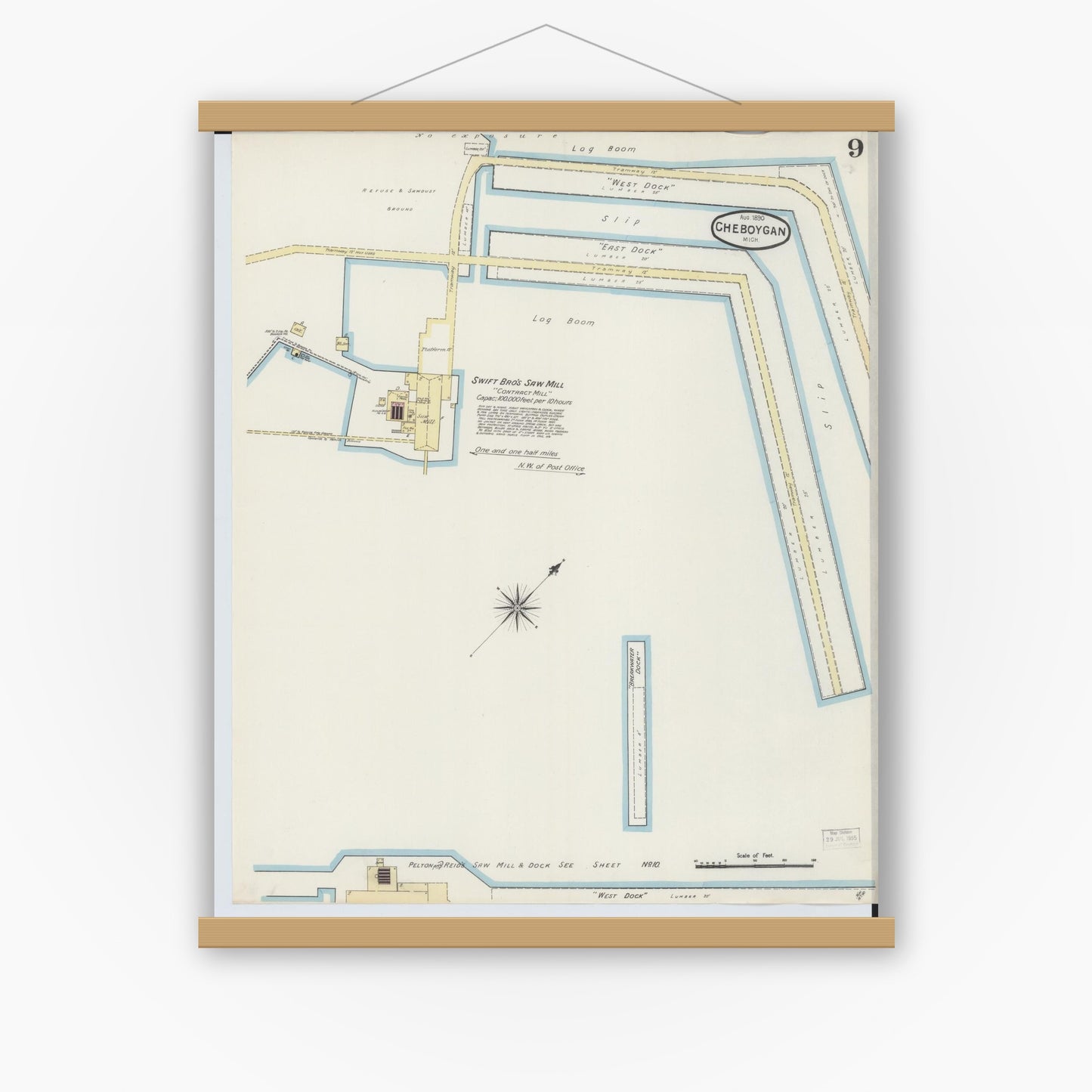 Old map wall art mockup — magnetic wood frame on white wall — Sanborn Fire Insurance Map from Cheboygan, Cheboygan County, Michigan (1890), Sheet #0009