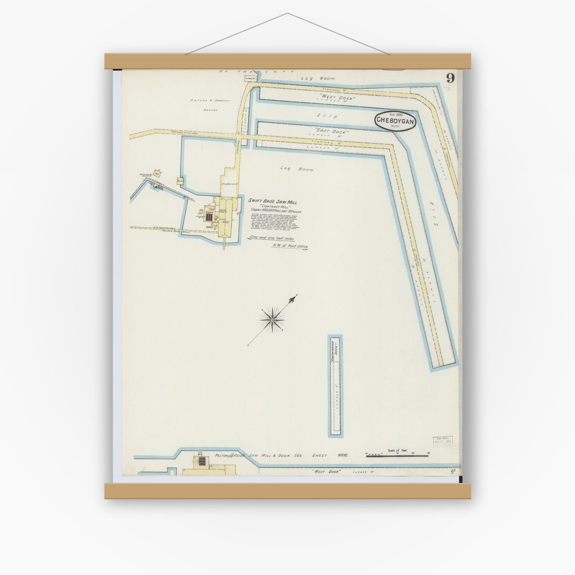 Old map wall art mockup — magnetic wood frame on white wall — Sanborn Fire Insurance Map from Cheboygan, Cheboygan County, Michigan (1890), Sheet #0009
