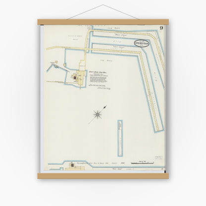 Old map wall art mockup — magnetic wood frame on white wall — Sanborn Fire Insurance Map from Cheboygan, Cheboygan County, Michigan (1890), Sheet #0009
