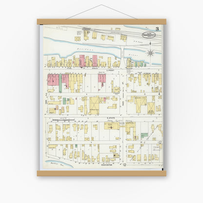 Old map wall art mockup — magnetic wood frame on white wall — Sanborn Fire Insurance Map from Traverse City, Grand Traverse County, Michigan (1899), Sheet #0003
