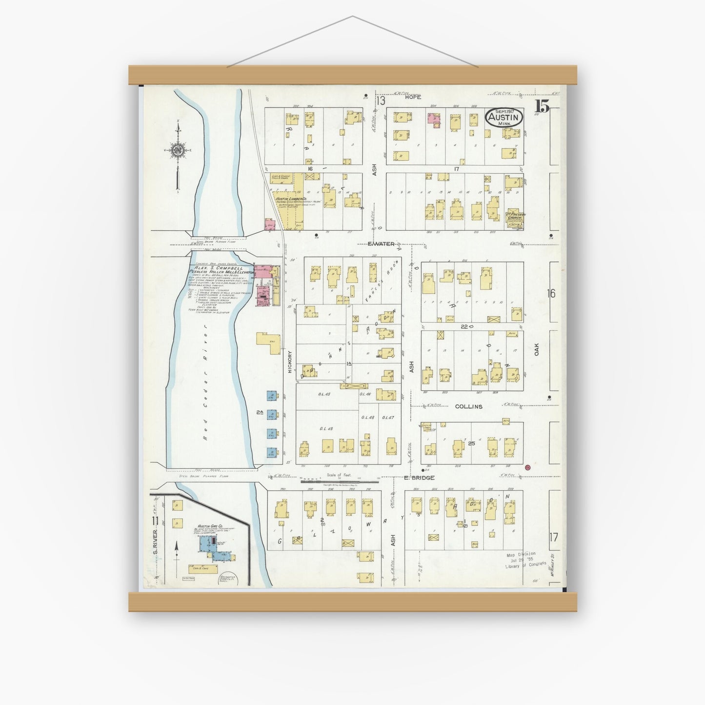 Old map wall art mockup — magnetic wood frame on white wall — Sanborn Fire Insurance Map from Austin, Mower County, Minnesota (1917), Sheet #0015