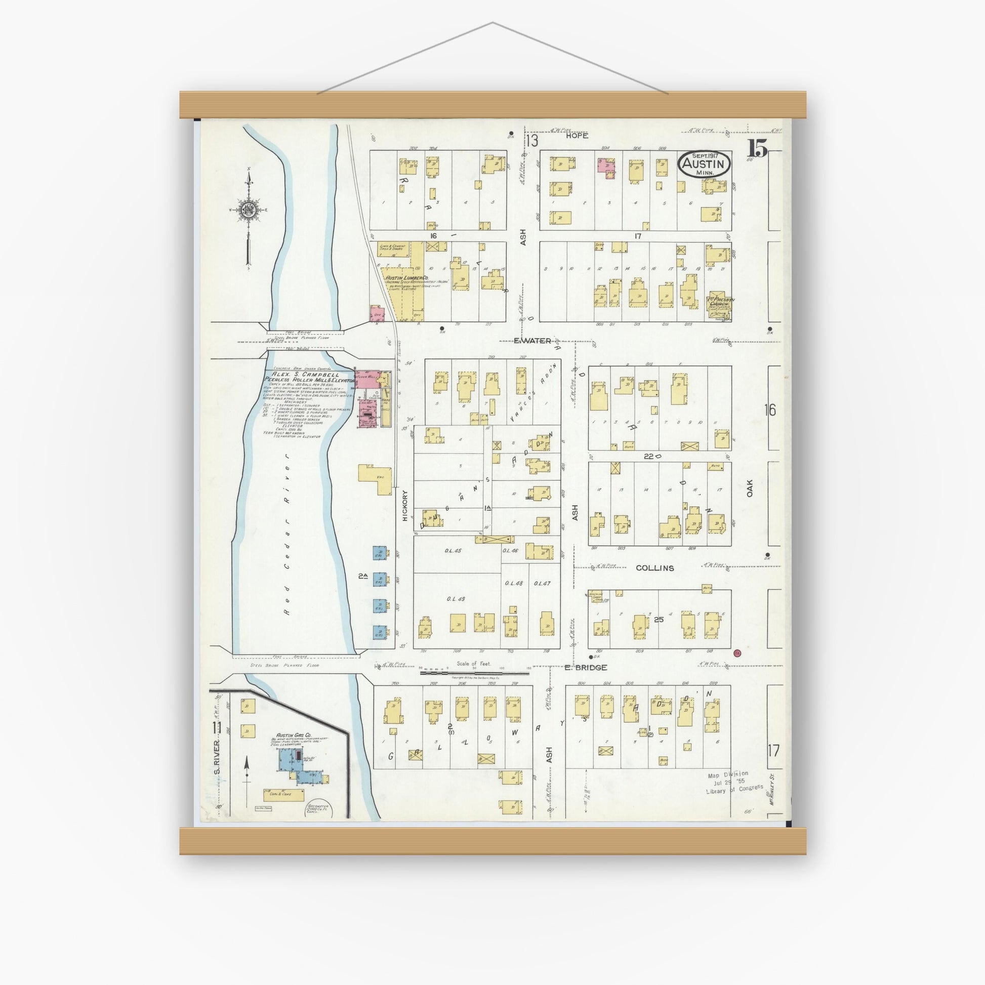 Old map wall art mockup — magnetic wood frame on white wall — Sanborn Fire Insurance Map from Austin, Mower County, Minnesota (1917), Sheet #0015