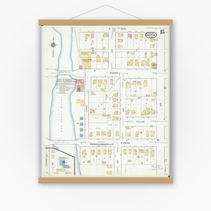 Old map wall art mockup — magnetic wood frame on white wall — Sanborn Fire Insurance Map from Austin, Mower County, Minnesota (1917), Sheet #0015