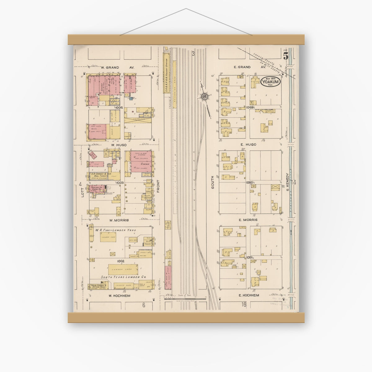 Old map wall art mockup — magnetic wood frame on white wall — Sanborn Fire Insurance Map from Yoakum, De Witt And Lavaca Counties, Texas (1922), Sheet #0005