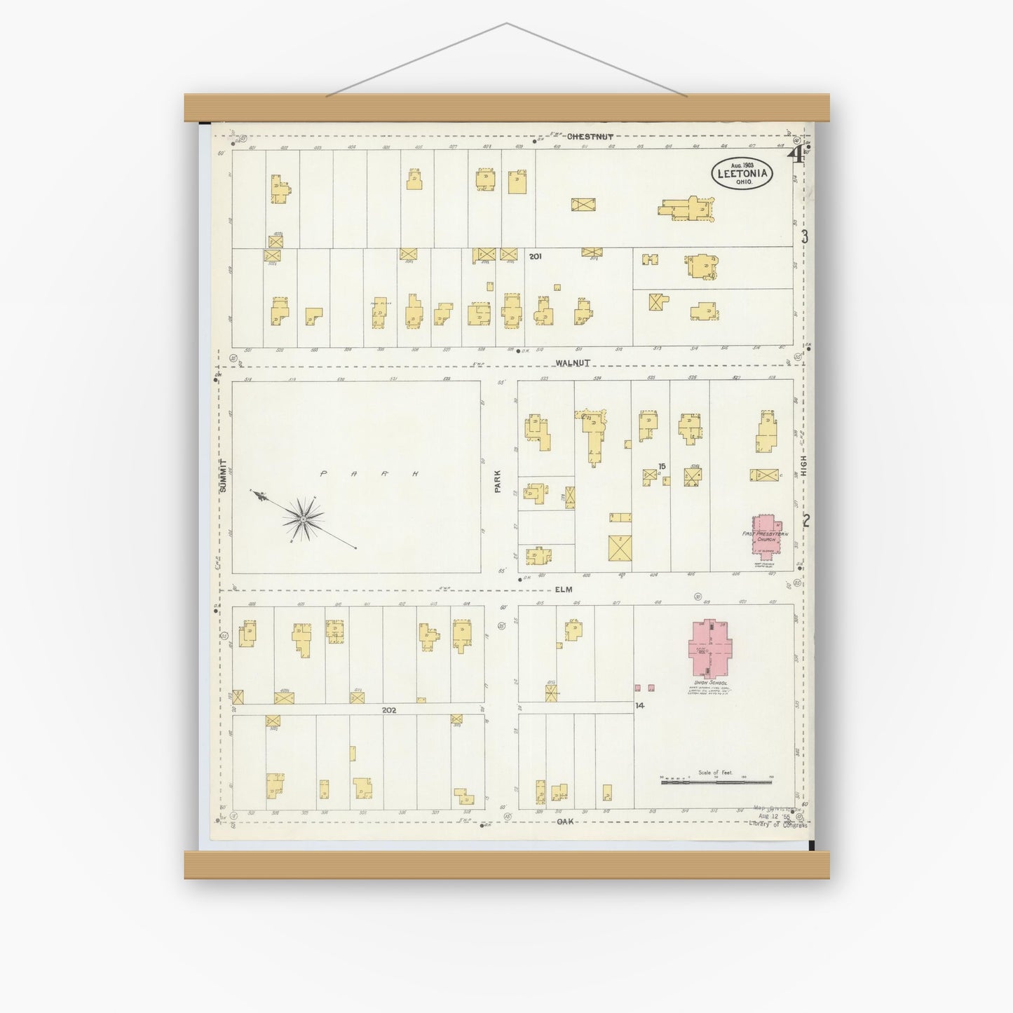 Old map wall art mockup — magnetic wood frame on white wall — Sanborn Fire Insurance Map from Leetonia, Columbiana County, Ohio (1903), Sheet #0004