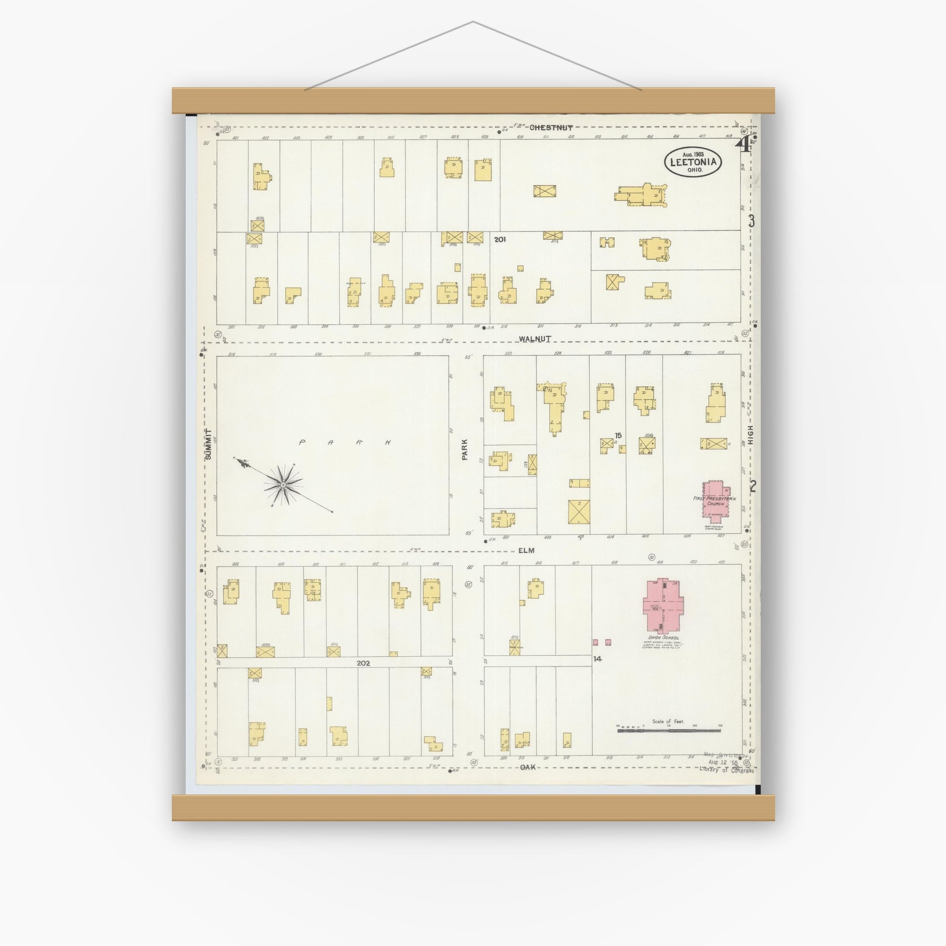 Old map wall art mockup — magnetic wood frame on white wall — Sanborn Fire Insurance Map from Leetonia, Columbiana County, Ohio (1903), Sheet #0004