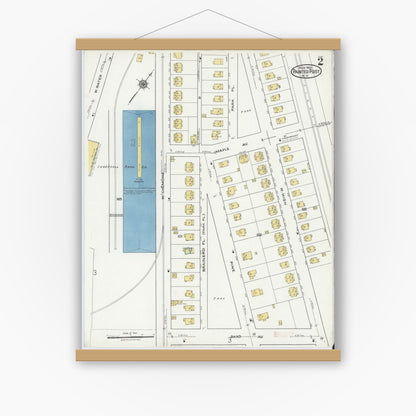 Old map wall art mockup — magnetic wood frame on white wall — Sanborn Fire Insurance Map from Painted Post, Steuben County, New York (1921), Sheet #0002