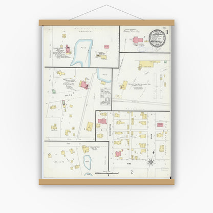 Old map wall art mockup — magnetic wood frame on white wall — Sanborn Fire Insurance Map from Martinsville, Clark County, Illinois (1898), Sheet #0001