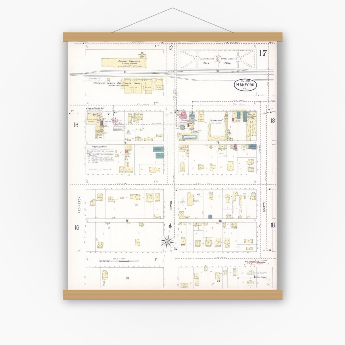Old map wall art mockup — magnetic wood frame on white wall — Sanborn Fire Insurance Map from Hanford, Kings County, California (1898), Sheet #0017