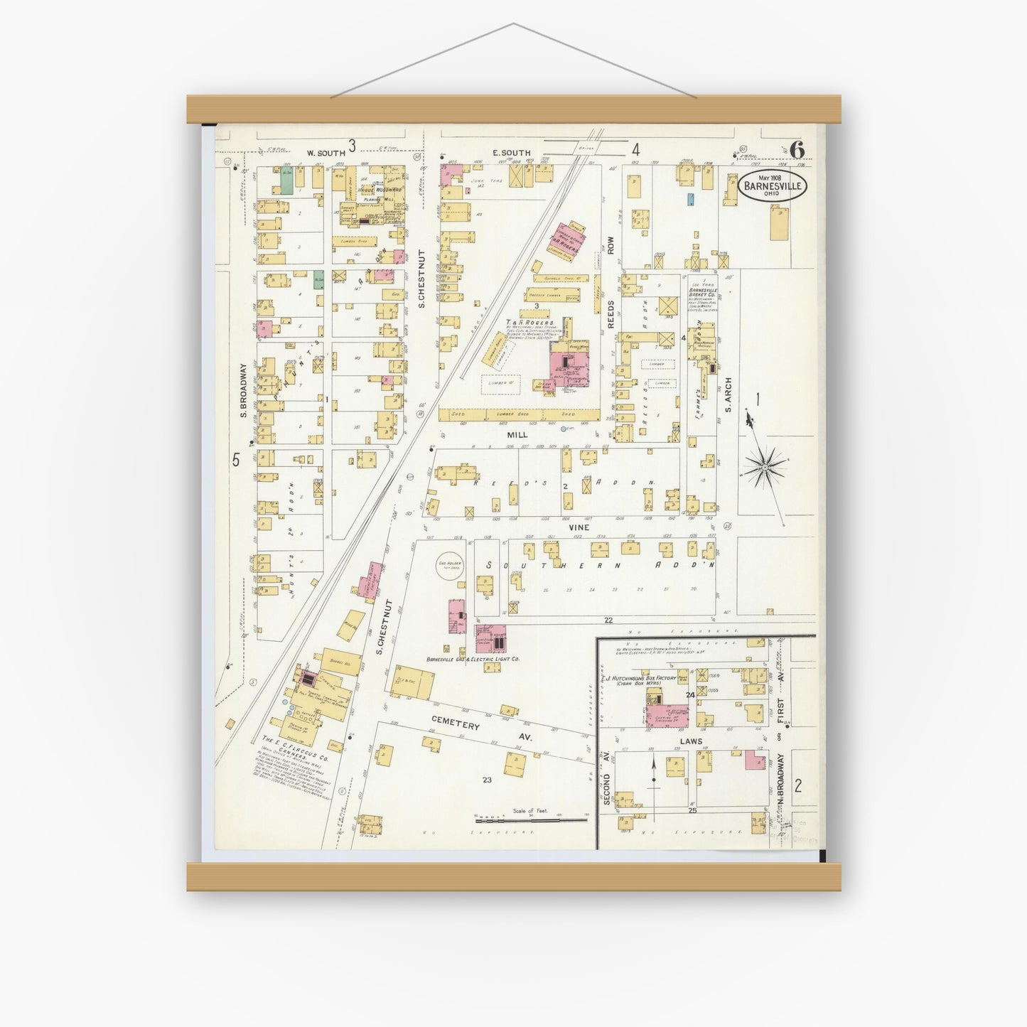 Old map wall art mockup — magnetic wood frame on white wall — Sanborn Fire Insurance Map from Barnesville, Belmont County, Ohio (1908), Sheet #0006