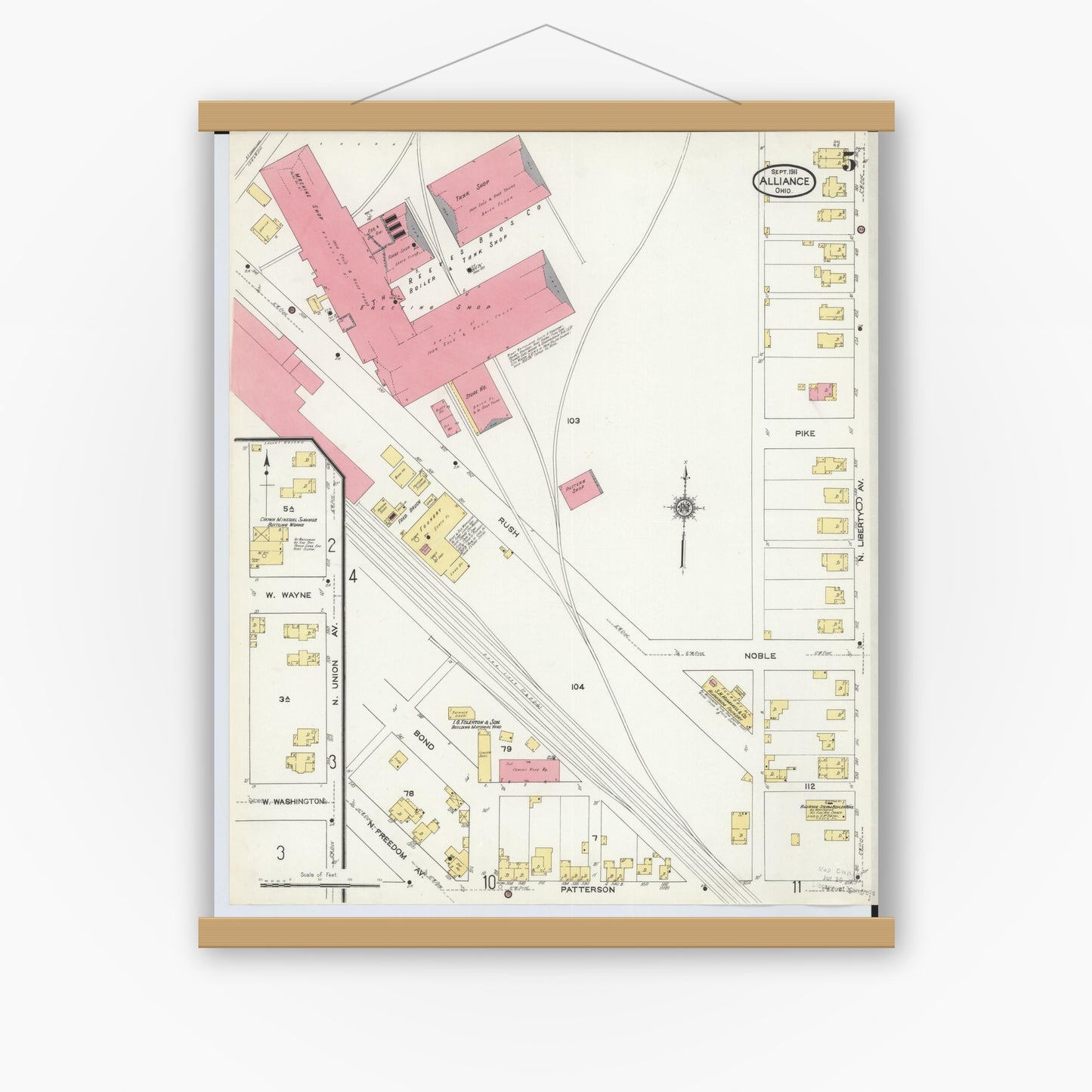 Old map wall art mockup — magnetic wood frame on white wall — Sanborn Fire Insurance Map from Alliance, Stark County, Ohio (1911), Sheet #0005
