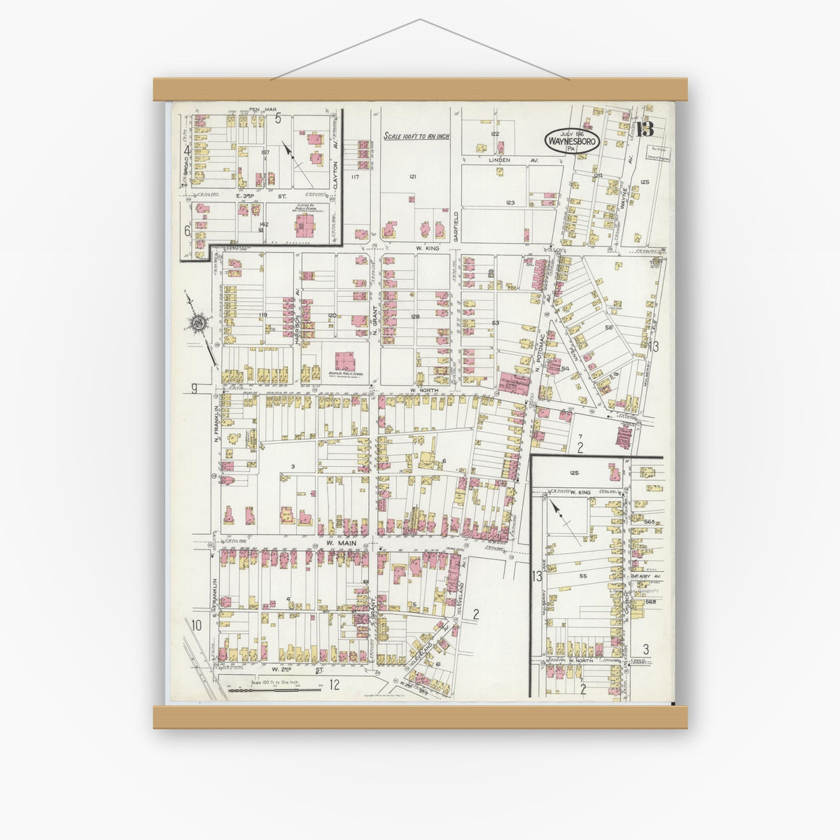 Old map wall art mockup — magnetic wood frame on white wall — Sanborn Fire Insurance Map from Waynesboro, Franklin County, Pennsylvania (1916), Sheet #0013