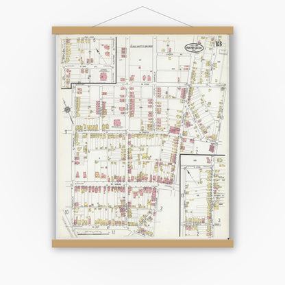 Old map wall art mockup — magnetic wood frame on white wall — Sanborn Fire Insurance Map from Waynesboro, Franklin County, Pennsylvania (1916), Sheet #0013