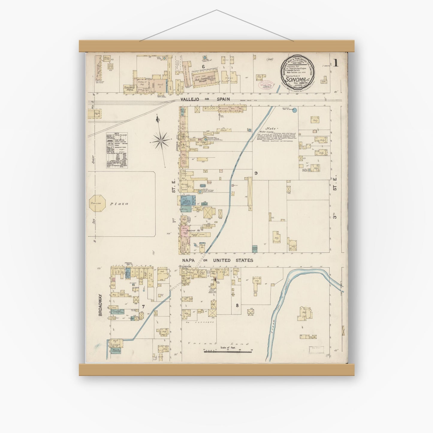 Old map wall art mockup — magnetic wood frame on white wall — Sanborn Fire Insurance Map from Sonoma, Sonoma County, California (1888) - Complete Map Set