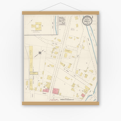 Old map wall art mockup — magnetic wood frame on white wall — Sanborn Fire Insurance Map from Danville, Contra Costa County, California (1917), Sheet #0001