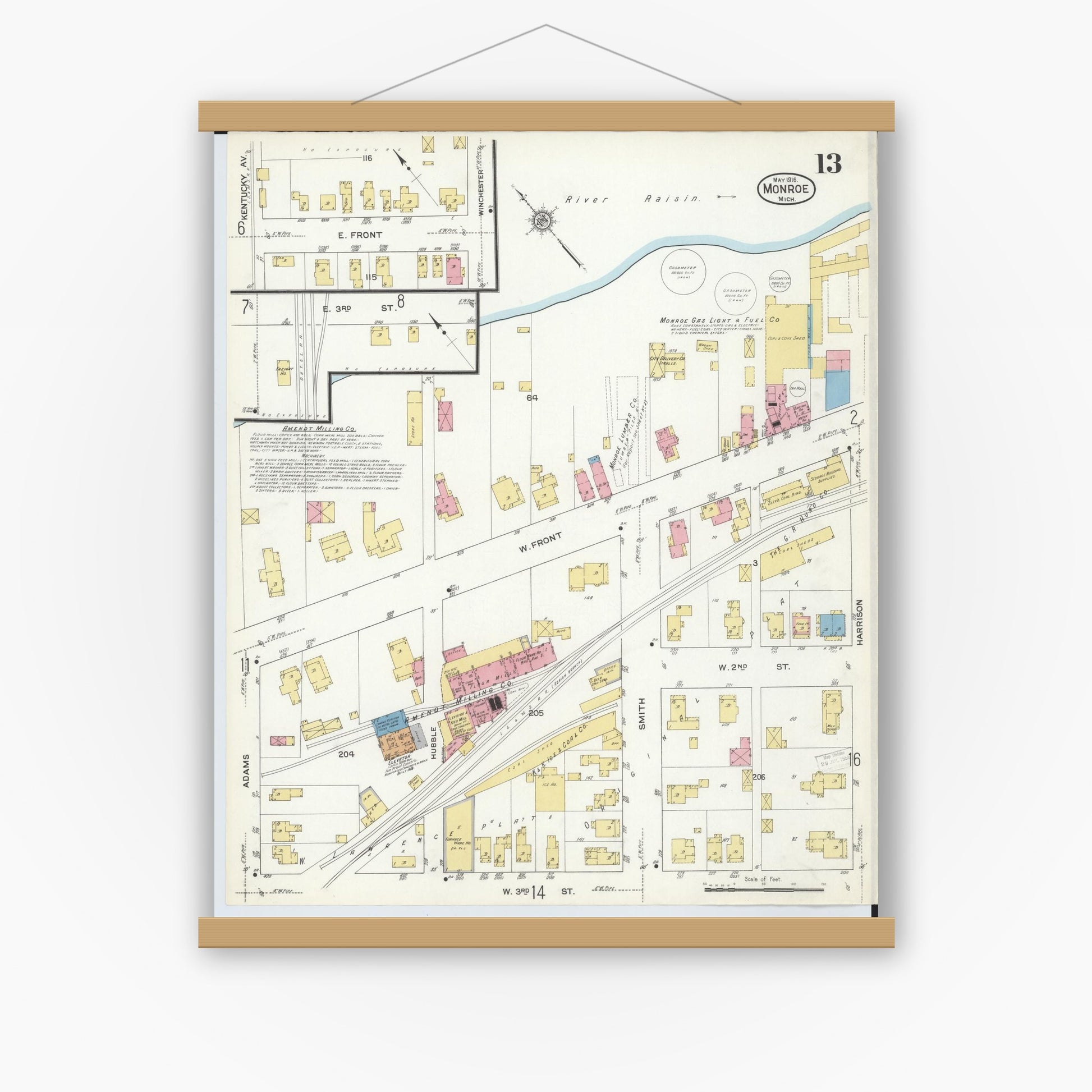 Old map wall art mockup — magnetic wood frame on white wall — Sanborn Fire Insurance Map from Monroe, Monroe County, Michigan (1916), Sheet #0013