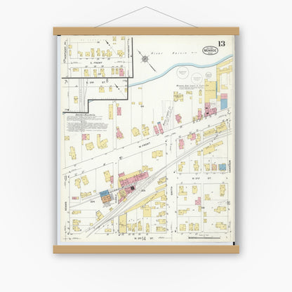 Old map wall art mockup — magnetic wood frame on white wall — Sanborn Fire Insurance Map from Monroe, Monroe County, Michigan (1916), Sheet #0013