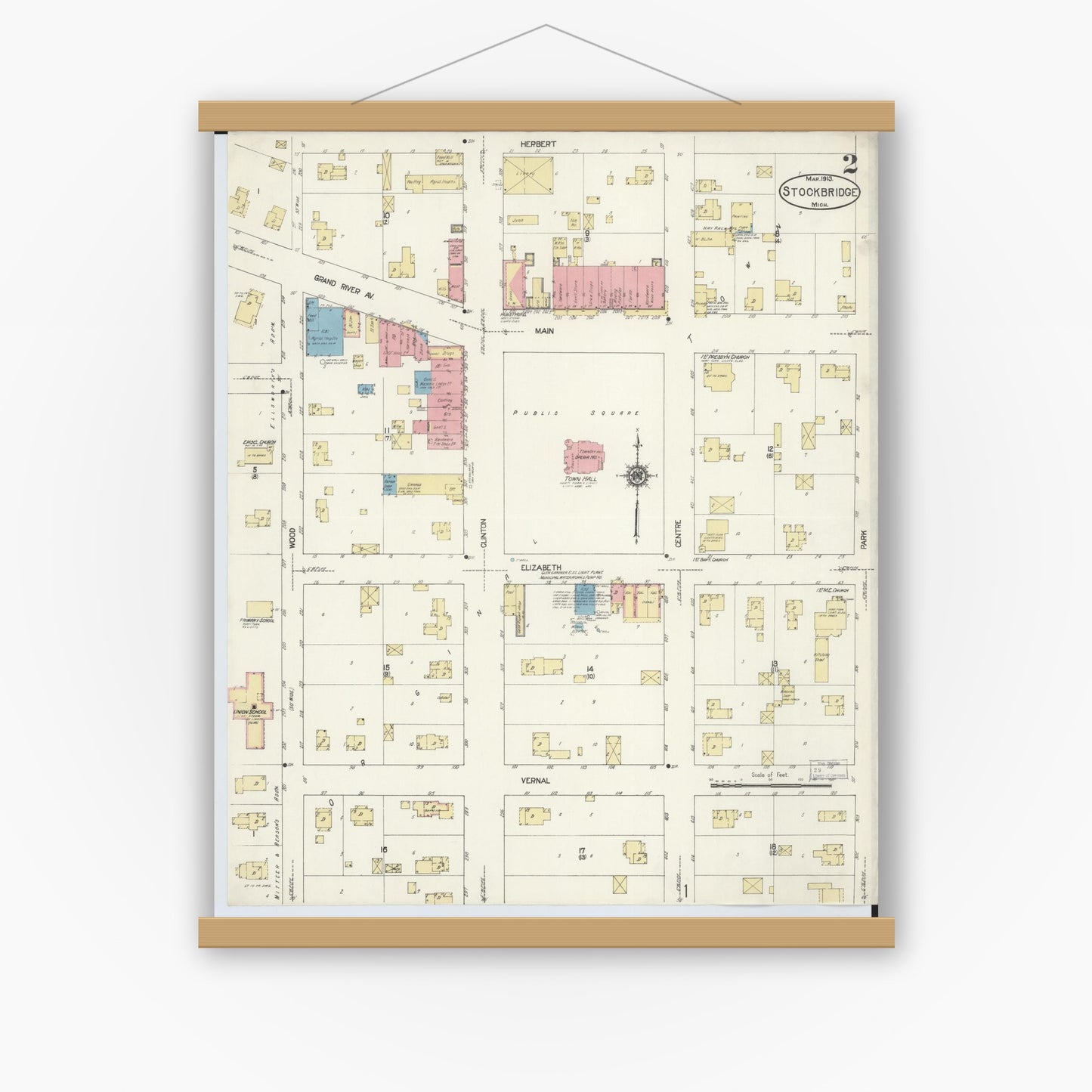 Old map wall art mockup — magnetic wood frame on white wall — Sanborn Fire Insurance Map from Stockbridge, Ingham County, Michigan (1913), Sheet #0002