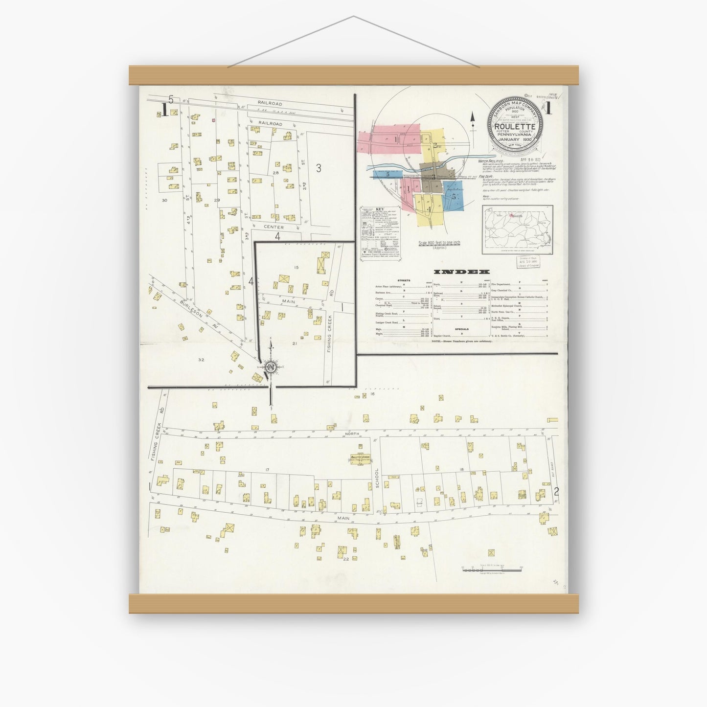 Old map wall art mockup — magnetic wood frame on white wall — Sanborn Fire Insurance Map from Roulette, Potter County, Pennsylvania (1930) - Complete Map Set