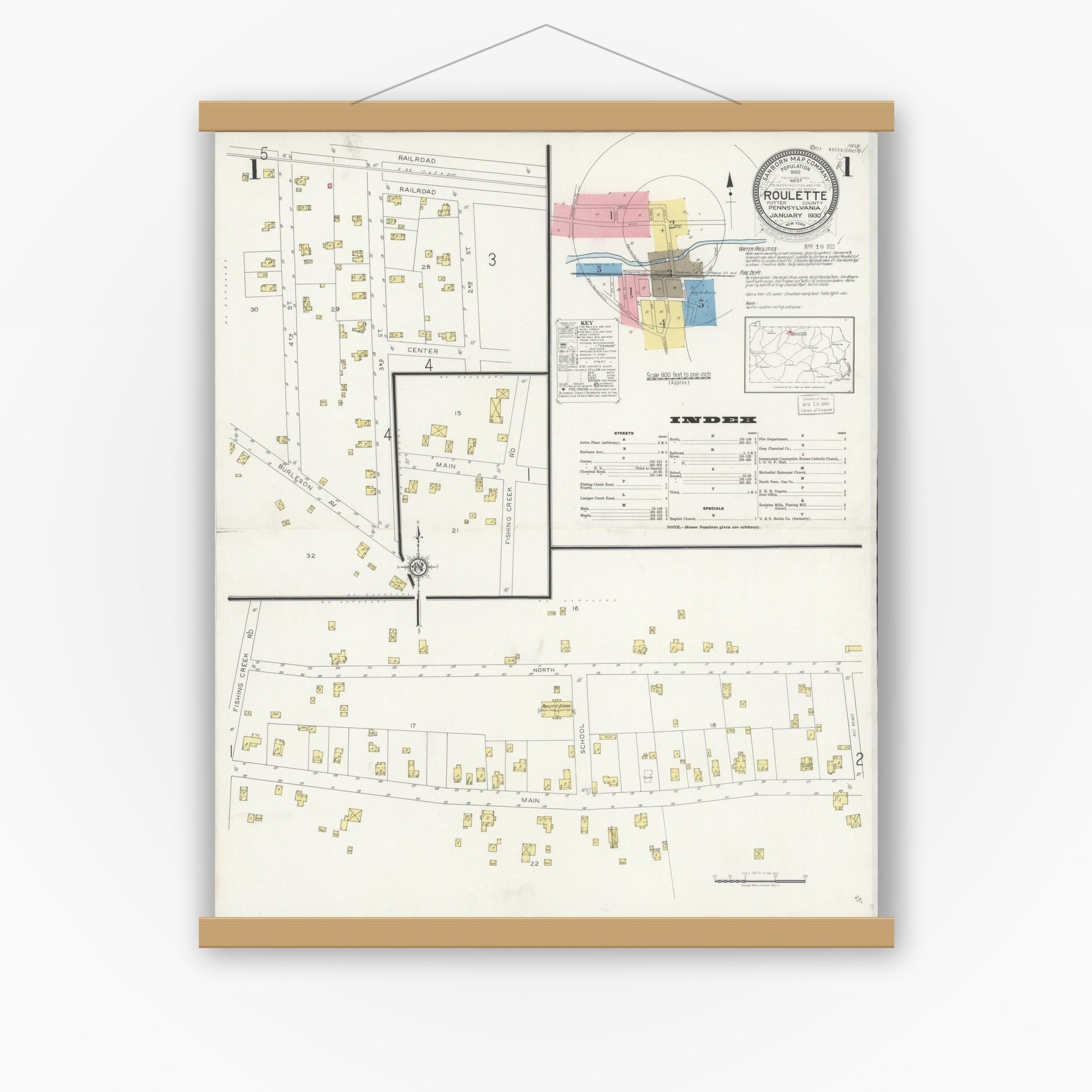 Old map wall art mockup — magnetic wood frame on white wall — Sanborn Fire Insurance Map from Roulette, Potter County, Pennsylvania (1930) - Complete Map Set